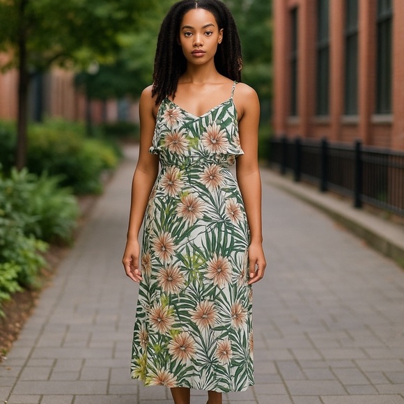 IJoah Brand Maxi Dress Tropical Floral Pattern, Spaghetti Straps, Ruffles, SZ  M - Picture 1 of 6